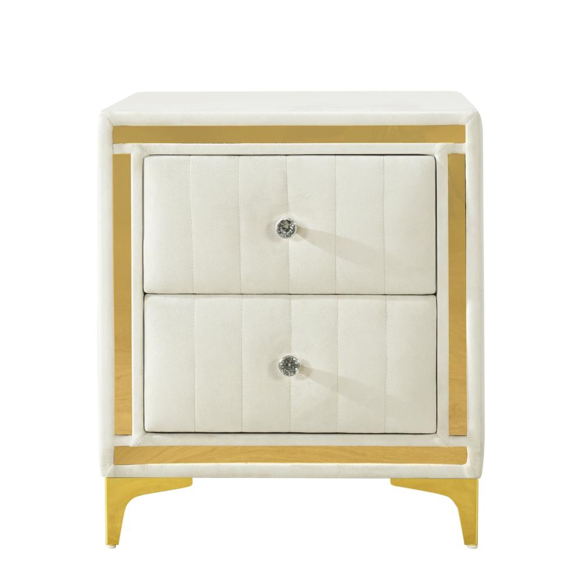Better Home Products Monique Velvet Nightstand With Gold Legs And Gold Trim, Crystal Knobs - Fully Assembled. (Cream)